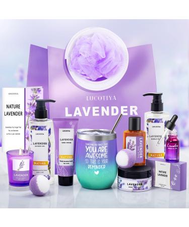 Spa Gifts for Women,Birthday Gifts for Women,Purple Gifts for Women,Gifts for Her Girlfriend Mom Sister,Care Package Gift Set,14Pcs Lavender Scent Home Spa Relaxing Gift Box Basket with Wine Tumbler