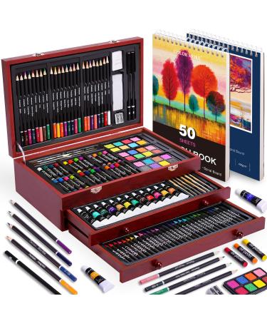 175 Piece Deluxe Art Set with 2 Drawing Pads Acrylic Paints Crayons Colored Pencils Paint Set in Wooden Case Professional Art Kit Art Supplies for Adults Teens and Artist Paint Supplies 175pcs-cherry