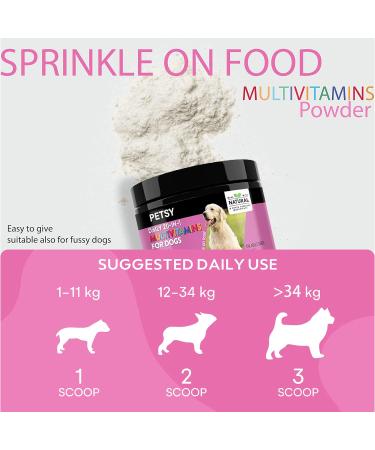 PETSY Dog Vitamins & Supplements 20-in-1 Essential Multivitamins B2 B3 B6 B7 B12 Vit C Folic Acid Biotin Glucosamine Chondroitin Wild Alaskan Salmon oil Hemp Seed oil Probiotics Blend TUB OF POWDER - Buy Online on SooperMarket.com