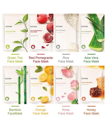 Hydrating Face Sheet Mask 8 Pack with Green Tea, Aloe Vera, Pomegranate - Anti Aging and Moisturizing Skin Care Gift Set - Buy Online on SooperMarket.com