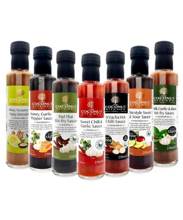 Coconut Kitchen Sauce Bottle Pick N Mix | Choose From 6 Flavours | Chilli Garlic Honey-Garlic Miso Sesame Sriracha Hot-Chilli Sweet-Chilli Thai Sweet - Pack of 6 x 250g
