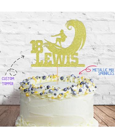 Cakeshop Cake Decoration Pack | Surfer Surfing Theme Premium Double Sided Glitter Card Cake Topper & 25g Party Pack of Cake Sugar Sprinkles | Custom Name & Age Cake Decorations (Champagne) Non-Prime Glitter Card: Champagne - Buy Online on SooperMarket.com