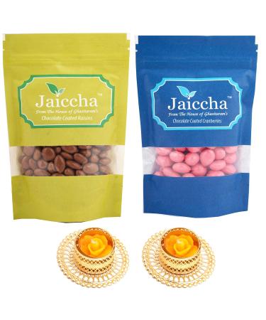 Jaiccha Ghasitaram Diwali Gifts Chocolate - Chocolate Coated Raisins 100 GMS and Cranberries 100 GMS with 2 T-Lites