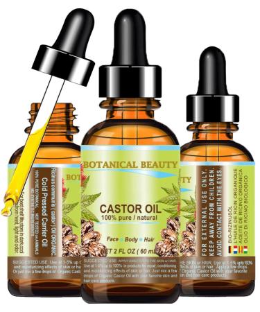 Botanical Beauty Castor Oil. 100% Pure Natural Cold Pressed Carrier Oil. 2 Fl.oz.- 60 Ml. for Face Skin Hair Eyelashes Brows and Nails