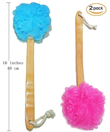Shower Loofah Body & Back Scrubber - Exfoliating Bath Brush with Long Wooden Handle - 2 Pack Blue & Red - For Men & Women - Buy Online on SooperMarket.com