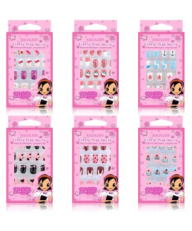 Kalolary 144 PCS Kids False Nail for Girls Gift Press on Nail Color Short Fake Nails Artificial Nail Full Tips Lovely Gift for Little Girls Nail Art Decoration (6 Pack)