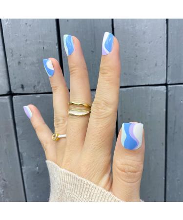 Novo Ovo Short Corner Oval Press On Nails - Purple White Green Strudel - Lavender Stick Artificial Fingernails with Glue for Valentine's Day | International Shipping - Buy Online on SooperMarket.com