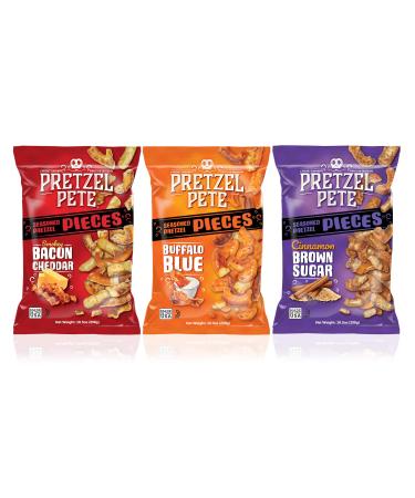 Pretzel Pete Variety Pack (Buffalo Blue Cheese, Smokey Bacon Cheddar, Cinnamon Brown Sugar) Seasoned Pretzel Pieces, Non-GMO Ingredients, Small Batch, Bold Flavor, 10.5oz (3 Pack)