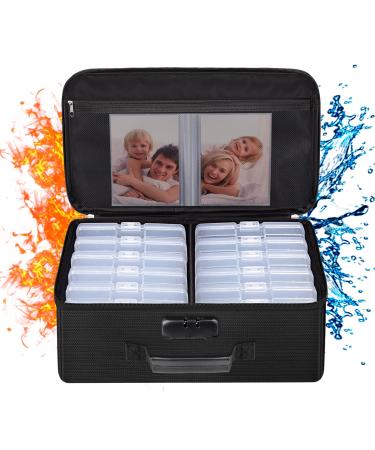 ENGPOW Fireproof Photo Storage Box with 12 Inner 4" x 6" Photo Case(Clear) Photo Box Organizer with Lock Collapsible Portable Photo Storage Containers with Handle for Photos Picture Valuables Box + 12 4" x 6" Photo Case