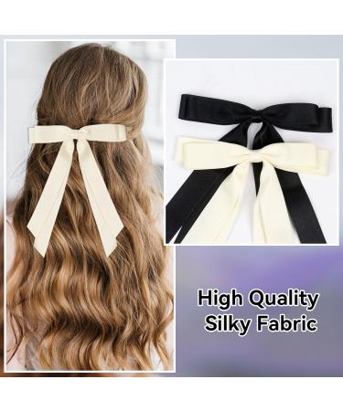 2 Pack Hair Bows for Women Bow Hair Clips French Barrette with Long Silky Satin Hair Ribbons for Women Girls(Black Beige) Beige Black - Buy Online on SooperMarket.com