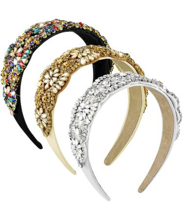 3 Pieces Rhinestone Headband Padded Headband Wide Beaded Headband Crystal Baroque Hair Hoop Faux Gem Embellished Hairbands for Women Girls Party Hair Headwear Accessories