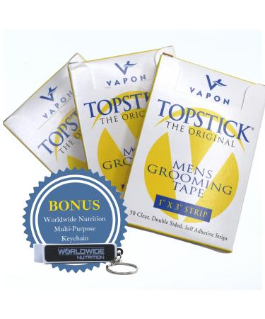 Vapon Topstick - The Original Men's Grooming Tape - Self Adhesive Clear Double Sided Tape for Toupee and Wig Adhesive - 150 Count (3 Boxes) of 1" x 3" Strong Tape Wig Strips with Bonus Key Chain