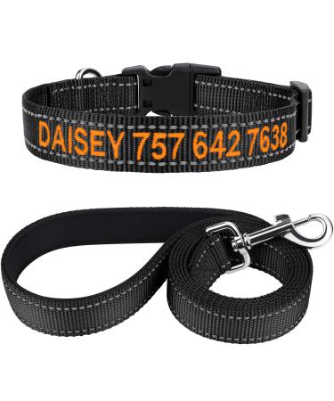 Tagme dog collar and leash personalizing reflective dog collar with 1.5m double -sided reflective dog leash for large dogs black l (1 Pack) black set