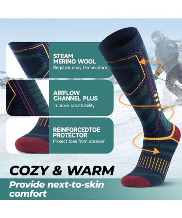 Puliou Merino Wool Ski Socks - Breathable Fast Drying Cold Weather Socks for Men Women & Teens | Size 35-51 (2 Pairs) - Green - Buy Online on SooperMarket.com