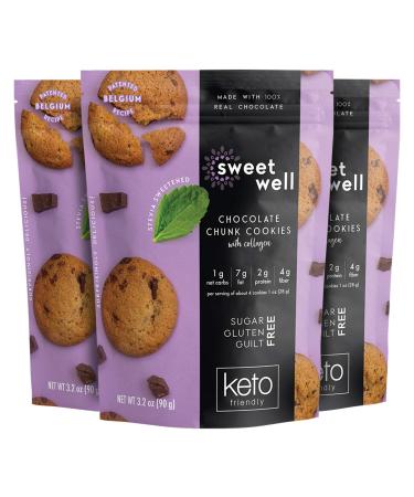 Sweetwell Chocolate Chunk Cookies, Sugar-Free, Keto-Friendly Snack with Collagen, Stevia-Sweetened Cookie Pack (3-Pack)