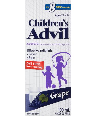 Children's Advil (100 ML Grape Flavour) Ibuprofen Suspension Dye Free Temporary Fever Reducer 100 ml (Pack of 1) Grape