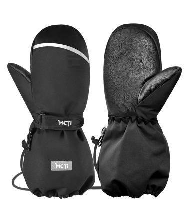 MCTi Kids Mittens Waterproof Winter Ski Warm Sherpa Lined Long Cuff with String Black X-Small(Fits 8-11 years)