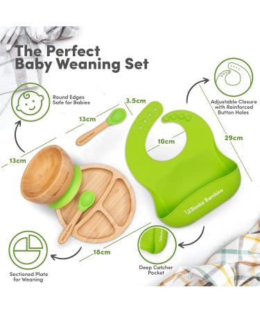 Bimba Bambino Baby Weaning Set - Bamboo Suction Plate, Bowl, 2 Spoons, Silicone Bib | Non-Toxic, Natural Bamboo, Green - Buy Online on SooperMarket.com