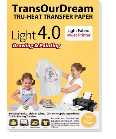 TransOurDream Tru-Iron on Heat Transfer Paper for Light Fabric (25 Sheets  8.5x11  Light 4.0) Iron-on Transfers Paper for White T-Shirts Printable Heat Transfer Vinyl for Inkjet Printer(TRANS-L4-20)
