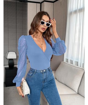 Fayenne Womens Tops Deep V Neck Cross Wrap Sexy Tops Polka Dot Mesh Long Sleeve T Shirt Casual Blouses M Grey Blue - Buy Online on SooperMarket.com