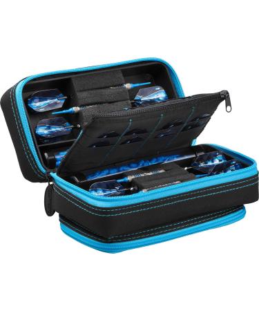 Casemaster Plazma Pro, 6 Dart Case for Soft and Steel Tip Darts, Features Large Front Mobile Device Pocket, Built-In Storage Tubes and Pockets for Flights, Tips, Shafts, and Personal Items Blue Trim