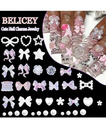 BELICEY White Bow Nail Art Charms - 1000PCS Resin Kawaii Nail Jewels in Multi Shapes for DIY Nail Designs - Includes Tweezer & Pickup Pencil - Buy Online on SooperMarket.com
