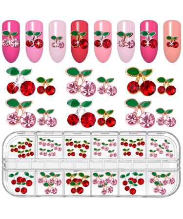 Kalolary 48Pcs Cherry Nail Rhinestones 3D Cherry Charm Red Pink Fruit Diamond Crystal Nail Studs Alloy Nail Gems for Women Nail Art Decoration Red+Pink