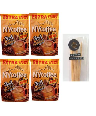 NYCoffee 3 in 1 Sachets (48) Vanilla Flavour Bundled With Temas Store 48 Coffee Stirrers| Vanilla Coffee Sachets Individually Wrapped | Add Hot Water & Stir |Instant Coffee Gifts For Coffee Lovers
