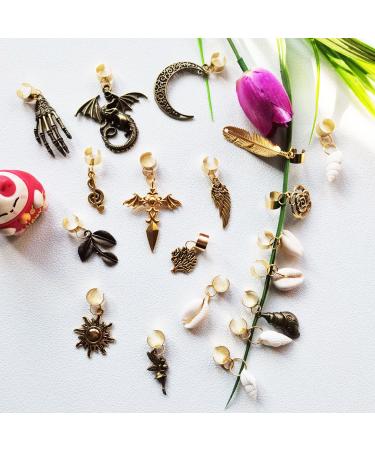 19 PCS Adjustable Hair Cuffs & Charms for Braids | Gold Hair Jewelry Set | Sun Moon Pterosaur Wing Shell Rose Leaf Hair Pendants | DIY Dreadlock Accessories - Buy Online on SooperMarket.com