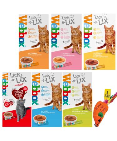 Cat Treats bundle contains Lick e Lix Chicken Salmon Beef Liver Cheese Cat Grass Licky Lix 6x5's Kitten Treat and Snacks Lick-e-Lix Total 30 sachets and our Catnip mouse toy
