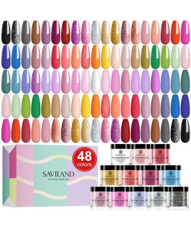Saviland 48 Colors Dip Powder Set - Dip Nail Powder for All Seasons Nail Starter Set Glitter White Nude Red Pink Dipping Powder, No Need Nail Lamp, Only Include Nail Dip Powder, for Professionals Nail Salon and DIY Nail Ar…