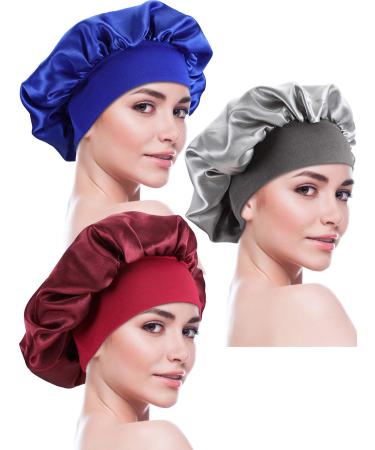 Blulu 3 Pieces Sleep Cap Satin Bonnet Night Head Cover Sleeping Soft Hair Turbans for Women and Girls (Silver Wine red Royal Blue)