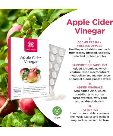 Healthspan Apple Cider Vinegar 500mg | 120 Tablets | Friendly Bacteria | Metabolism Support | Added Zinc & Chromium | Vegan - Buy Online on SooperMarket.com