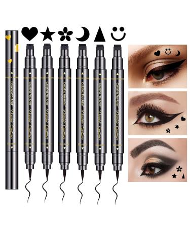 QIUFSSE 6pcs Liquid Eyeliner Stamp Set Double-headed Eye Liners for Women Girls Waterproof Smudgeproof Long Lasting-Love  Flowers  Moon  Stars  Smiley  Triangles
