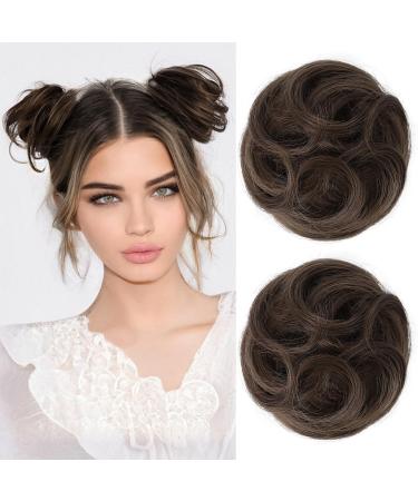 REECHO 2 PCS Mini Claw Clip in Messy & Cat Ears Hair Bun Extensions Wig Accessory Updo Hairpieces for Women Girls (Pack of 2-3.5" Wavy Medium Brown with Highlights) Pack of 2 - 3.5" Wavy Medium Brown with Highlights