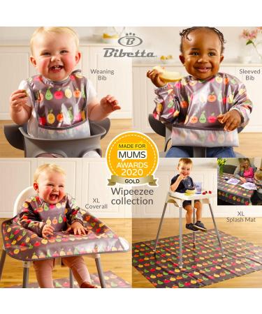 Bibetta Wipeezee Premium Baby Weaning Bibs with Sleeves | Waterproof Coverall Bib for Baby Toddler | Eco-Friendly & Durable | Grey Happy Fruits Design - Buy Online on SooperMarket.com