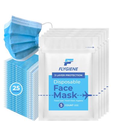 Travel Size Face Mask - Breathable Travel Face Mask 3 Ply Blue Disposable Face Mask for Adults - TSA Approved Air Travel Mask for Airplane Travel - Blue - 25 Count (5 Packs of 5) 5 Count (Pack of 5)