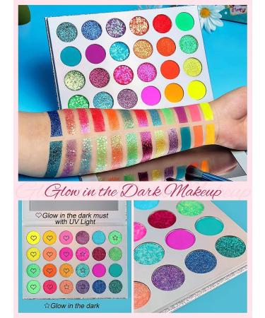 Kalolary Glow in the Dark Neon Eyeshadow Palette - 24 Colors, UV Glow, Matte & Glitter, Highly Pigmented, with 4 Brushes - Buy Online on SooperMarket.com