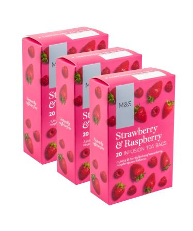 M&S Marks & Spencer Strawberry & Raspberry Fruit Infusion Teabags Juicy & Tart with Hibiscus Caffiene Free - Set of 3 x 20pk