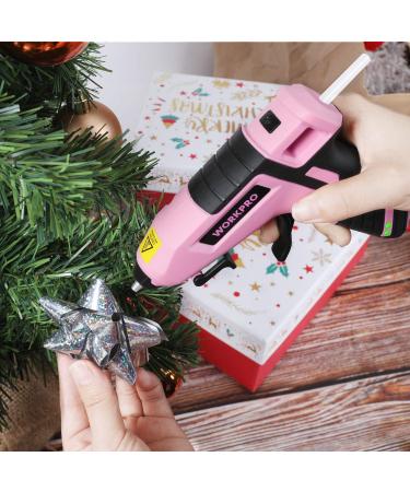 WORKPRO Cordless Hot Melt Glue Gun Kit | Rechargeable Mini Glue Gun with 20 Premium Glue Sticks | Automatic Power Off for Art, Crafts, Decorations, and Fast Repairs | Pink Ribbon - Buy Online on SooperMarket.com