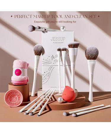 Jessup 14pcs Highend Makeup Brushes Set - Foundation Concealer Blush Contour Powder Eye Brush Makeup Sponge Cleaner Towel | Pearl White T333 - Buy Online on SooperMarket.com