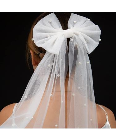 Bridal Hair Bow Veil with Pearl Barrette - Wedding & Bachelorette Party Decorations - Buy Online on SooperMarket.com
