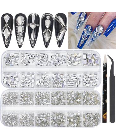 2920Pcs Crystal White Nail Rhinestones Round Crystal Clear Flatback Rhinestones Multi Shape Nail Gemstones Nail Glass Crystals Diamonds Jewelry for Nail Design Nail Rhinestones for Acrylic Nails kit