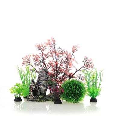 JIH Aquarium Fish Tank Plastic Plants and Cave Rock Decorations Decor Set 7 Pieces, Small and Large Artificial Fish Tank Plants with Cave Rock (CU89Red-7)
