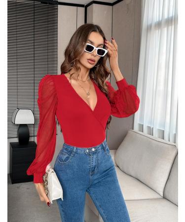 Fayenne Womens Tops Deep V Neck Cross Wrap Sexy Tops Polka Dot Mesh Long Sleeve T Shirt Casual Blouses S Red - Buy Online on SooperMarket.com