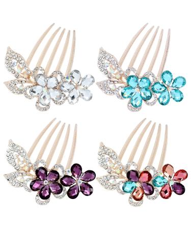 inSowni 4 Pack Luxury Glitter Sparkly Gems Crystal Rhinestones Gold Metal Hair Side Combs Slides with Long Teeth Bun Hairpins Barrettes Clips Hair Accessories for Women Girls