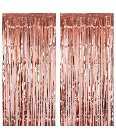 Fecedy 2pcs 3ft x 8.3ft Rose Gold Metallic Tinsel Foil Fringe Curtains Photo Booth Props for Birthday Wedding Engagement Bridal Shower Baby Shower Bachelorette Holiday Celebration Party Decorations