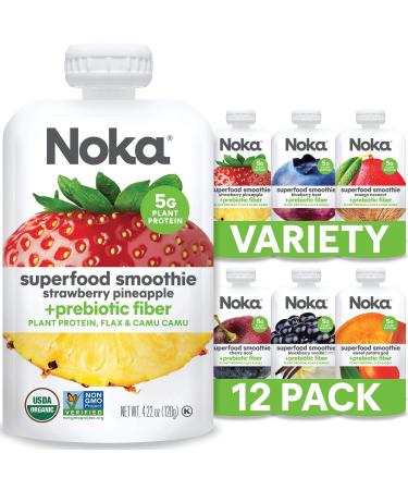 Noka Superfood Fruit Smoothie Pouches, Healthy Snacks (Variety Pack of 12), Vegan, Gluten-Free, with Flax Seed, Prebiotic Fiber & Plant Protein, Organic Squeeze Pouch 4.22oz Each 4.22 Ounce (Pack of 12)