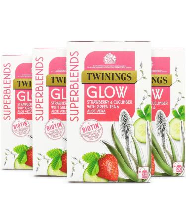 Twinings Superblends Glow Tea - Strawberry & Cucumber Green Tea with Aloe Vera & Biotin for Skincare & Hair Care 80 x Biodegradable Tea Bags
