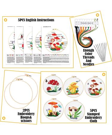 Embroidery Starter Kit: Mushroom Cross Stitch Set for Beginners - 5 Sets with Patterns, Instructions, Hoops, Needles & Threads - Buy Online on SooperMarket.com